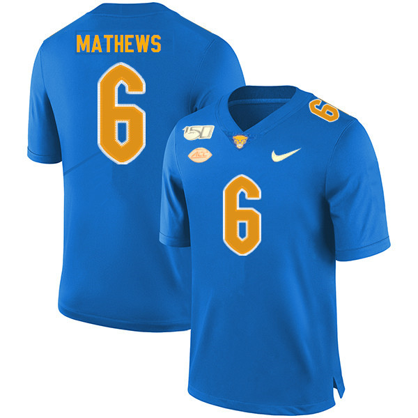 2019 Men #6 Aaron Mathews Pitt Panthers College Football Jerseys Sale-Royal